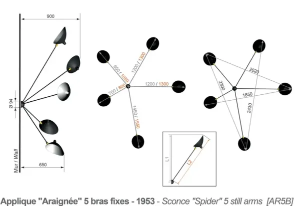 Spider Big Wall Lamp w/5 Fixed Arms af Serge Mouille